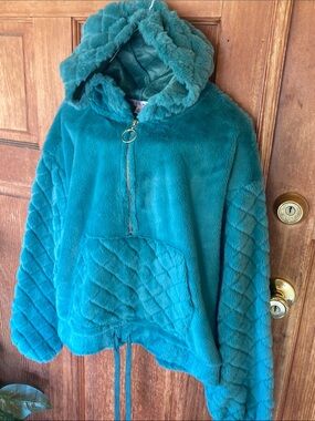 Crave Fame Teal Plush Hooded Pullover Jacket